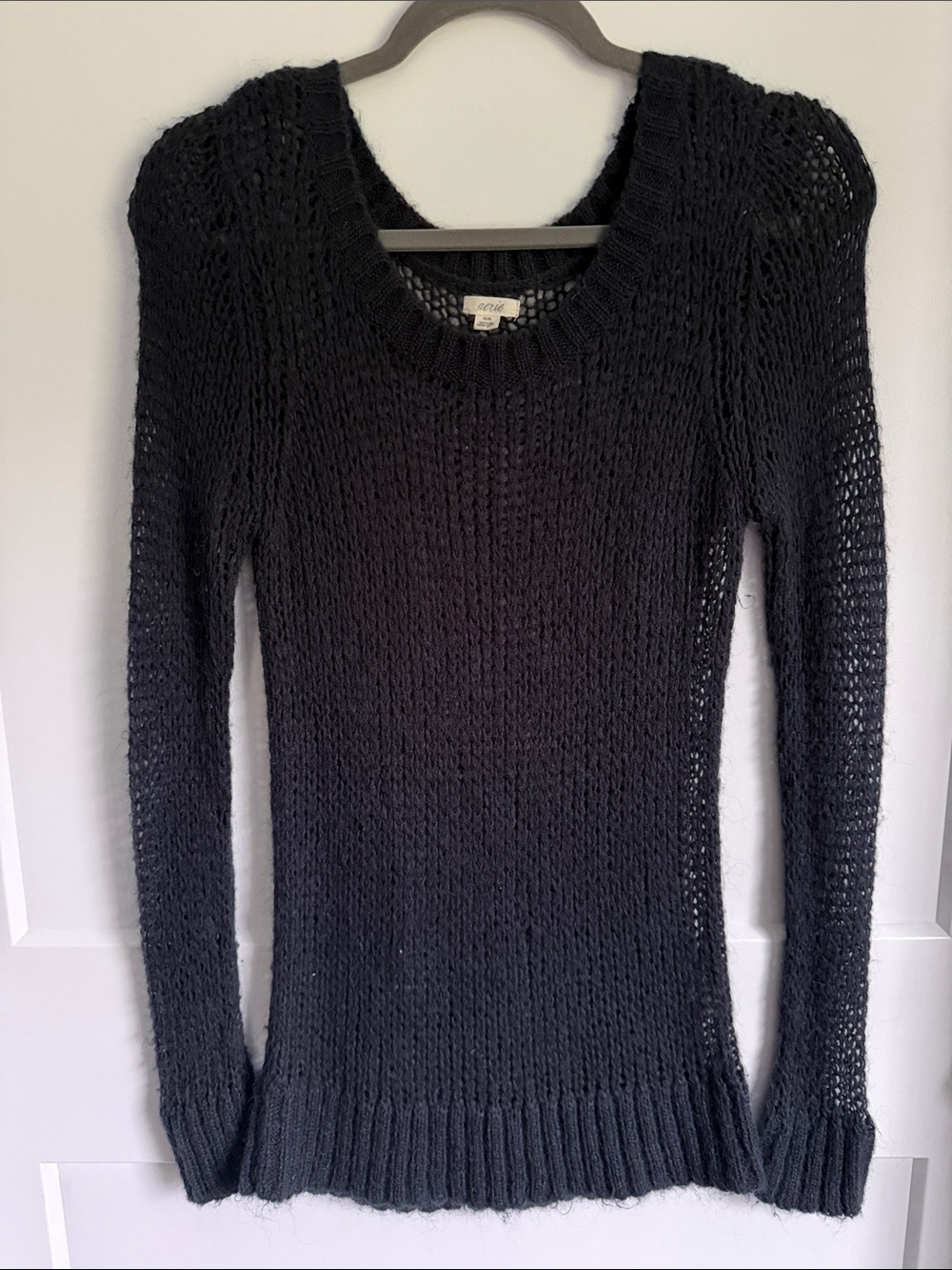 aerie Black Open-Weave Crewneck Sweater